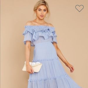 BLUE OFF THE SHOULDER MAXI DRESS